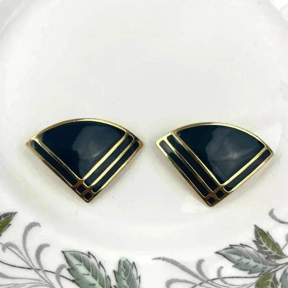 VTG Green-Blue Enamel L. Bott Clip On Earrings Gold Tone Signed - Picture 8 of 8